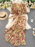 Pink/Blue Floral Print Chiffon 2pcs Set Women Summer Bandage Short Tops + High Waist Mermaid Skirt Female Sets 2023
