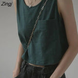 Colors Tanks Women Pockets Basic Simple Korean Style Chic Trendy Ulzzang All-match Female Crop Top Summer Teen College BF