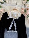 Halter Lace Patchwork Short Blouse For Women Casual Puff Sleeve Velvet Shirt Female Black Tops New Fashion Autumn