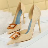 Shoes Red Green Black Woman Pumps Metal Square Buckle Women Heels Sexy Banquet Shoes Pointed Toe Stiletto Plus Size