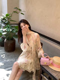 Xixi 2025 New French Printing Retro High-Waist Long Sleeves Thin Dress Short Skirt
