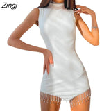 Women Summer Sexy Sundress Contrast Color Rhinestones Round Neck Sleeveless Mini Dress for Women White/Red/Black