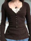 Lace Paneled Button Long Sleeve Knit Top- Outfit