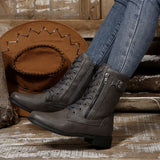 Boots Large-Size Side Zipper Mid-Crace Plus Velvet Boots Round Head Tie With Thick And Martin
