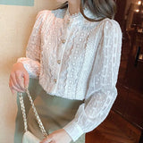 Lace Blouse Shirt Ladies Tops Long Sleeve Button Clothes Autumn Women Blusas Mujer De Moda 2023 Stand Collar Shirts