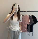 Zingj Sense V-Neck Draw Rope Slim Pure Desire Wind Short Sleeve T-Shirt Women's Wear 2024 Summer New Solid Color Student Jacket