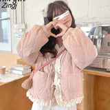 Kawaii Short Jackets Women Sweet Preppy Style Winter Overcoat Female Cute Lace Patchwork Casual Girls Pink Parkas