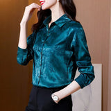 Silk Women's Blouses Shirts Long-sleeved Top Jacquard Satin Woman Shirt Solid Button Print Blouse Elegant Women