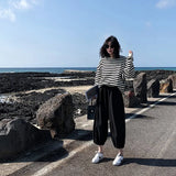 Zingj 2024 New Korean Women's Striped Long-Sleeved T-Shirt Female Top Students Thin Loose Round Collar Hoodie