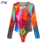 Women Sexy Colorful Tie Dyed Printing Mesh Yarn Slim Bodysuits Ladies Long Sleeve Painting Playsuits Mujer Rompers