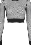 Chic Black Mesh Fishnet Top See Through Long Sleeve T Shirt Women Clothes 2023 Casual Cropped Women's T-shirts