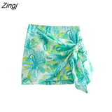 Women Tropical Floral Print Bow Tied Sarong Skirt Faldas Mujer Ladies Chic Zipper Hem Irregular Kimono Vestidos