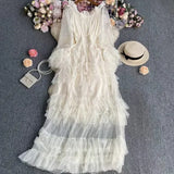 High-End Feel Leaf Edge Mesh Cake Dress Women's Waist Thin Temperament A Word Shoulder Super Fairy Long