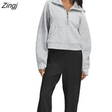 Women‣s Stand Collar Pullovers Long Sleeve Solid Color Half Zip Front Pocket Sweatshirts Spring Autumn Loose