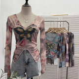 Real Shooting Amount Of Bumpy Tulle Spliced Denim Butterfly Design Sunscreen Coat V Collar Short T-Shirt