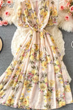 Bohemian Floral Long Dress For Women Sexy V-Neck Short Sleeve High Waist A-Line Big Swing Vestido Casual Blue Robe
