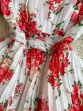 Women Floral Chiffon Draped Long Dress Vintage V-Neck Short Puff Sleeve High Waist Ruffle Pleated Vacation Beach Robe