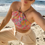 Y2K Bohemian Floral Print Crop Top Summer Beach Style Sexy V-neck Backless Halter Cami Top Women Aesthetic Streetwear 211-0-Outfit