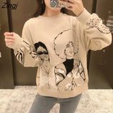 New 2021 Women Fashion Beauty Girls Print Casual Sweatshirts Female Basic O Neck Knitted Hoodies Chic Pullovers Tops
