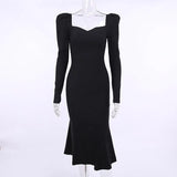 Knitted Women Dress Long Sleeve Square Collar Sexy Ruffle Hem Office Lady Elegant Black Fashion Maxi Robe Female