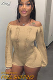 Sexy Women Knit Jumpsuit Long Sleeve Off-shoulder Backless Hollowed Solid Slim Fit Bodysuit for Club Party