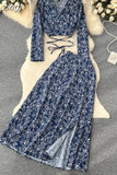 Autumn Women Printed Bandage Two Piece Set Vintage V-Neck Long Sleeve Short Tops + High Waist Split Skirt Suit 2Pcs