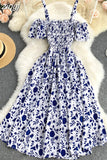 Sexy Slash Neck Spaghetti Strap Midi Dress Women Casual Off Shoulder Short Sleeve Vacation Beach Robe Female