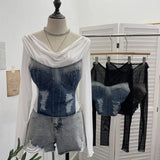 Sexy Collar Long-Sleeved T-Shirt To Make Old Hole Cowboy Splicing Net Bare Back Short Top