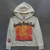 Zipper SOCIETY Jersey Net Red Hooded Zipper Open Shirt Print