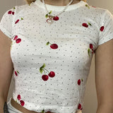 Zingj Casual Cherry Print Polka Dot Short-Sleeve T-Shirt Women's Round Collar Slim Slim