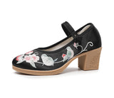Zingj Heel Square With Women's Shoes A Word Buckle Shallow Spring And Summer New Embroidered Cloth Shoes With Horse Face Skirt High Heel Embroidered