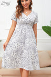 Floral Print Summer Dress Women V Neck Chiffon A Line Casual Beach Dress Vintage Elastic Waist Midi