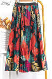 Women 2023 High Waist Floral Print Mid Calf Long Pleated Skirt Girls Summer Vintage Elegant Chiffon Midi