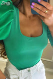 Elegant Short Puff Sleeve T-shirts Tops Women Summer Square Collar Knitted Tees Shirts Solid Basic Ribbed
