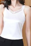 Women's Tops V-Neck Lace Vest Solid Sleeveless Satin Sexy Blouse Women 2023 Summer Fashion Women Clothing Basic Silk Womens