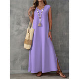 Summer Dress Women's Sleeveless V-Neck Side Opening Dress Elegant Long
