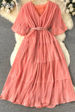 Vintage Women Pleated Chiffon Midi Dress Elegant V-Neck Short Sleeve High Waist A-Line Draped Purple/Red/Yellow Robe