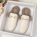 Half Slippers Woman 2025 Winter Real Rabbit Hair Round Head Lazy Man One Foot Outside Wearing Flat-Soled Muller Shoes Large-Size