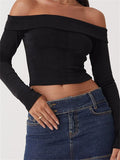 Off Shoulder Long Sleeve Tees Crop Tops Women Fall Spring Slash Neck Slim Fit Short T-Shirts Street Casual Base