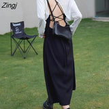 Women Summer Sleeveless Black Backless Fashion Spaghetti Strap Design Streetwear Vestido De Mujer Mid-calf New