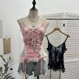 Shooting Millennium Spice Girls Heavy Industry Lace Stitching Print Beaded Sling Vest Strapped Short Sleeveless Top