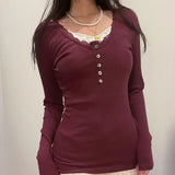Trend Red Lace Side Buckle Spliced T-Shirt 2023 New V-Collar Basic Simple Slimming Leisure Bottom