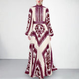 Collar Lantern Sleeve Positioning Printing Waist 100 Folds Long Dress Dress Women's Dress 2025