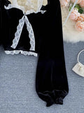 Halter Lace Patchwork Short Blouse For Women Casual Puff Sleeve Velvet Shirt Female Black Tops New Fashion Autumn
