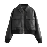 Zingj New Women's Fashion Imitation Leather Pilot Loose Jacket Jacket