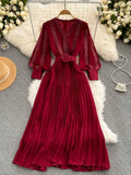 Women Lace Patchwork Pleated Chiffon Long Dress Autumn Winter Red/Black/Blue Draped Party Vestidos With Sashes Female Robe