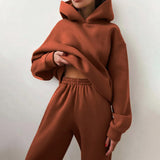 Women's Pure Color Casual Fashion Trousers Thick Sports Hoodie Set