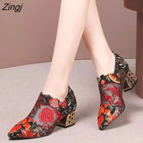 Fashion Personality Pointed Toe Sandals Women Summer 2023 New Mid Heel Square Heel Zipper Printed Casual Ladies High