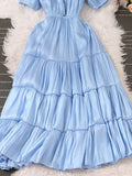 Women Beading Party Dress Vintage V-Neck Short Puff Sleeve High Waist Ruffle Draped Robe Vacation Beach Vestidos 2023