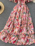 Women Floral Printed Long Dress Sexy V-Neck Short Sleeve High Waist Ruffle Beach Vacation Vestidos Female Maxi Robe